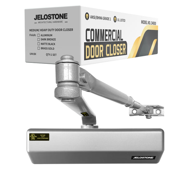 JELOSTONE Medium/Heavy Duty, Commercial Door Closer D4000, ANSI Grade 1, UL 3 Hour Fire Rated, ADA Compliant, Adjustable Spring Size 1-6 for Doors (44-330lb, 30-60 in), Indoor/Outdoor